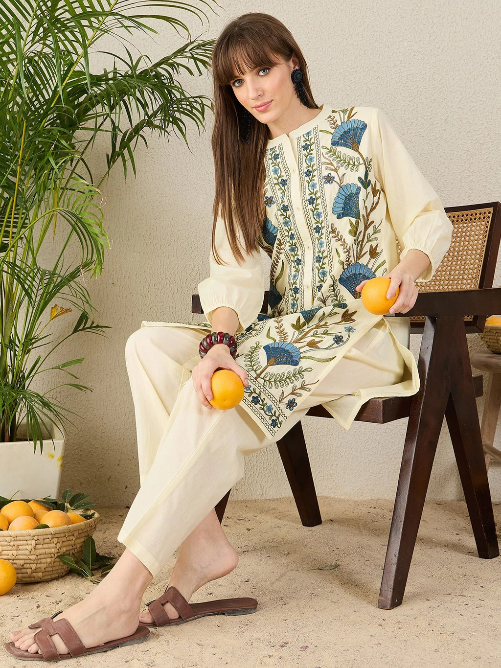 Off White Embroidered Pure Cotton Straight Kurta Palazzo Set