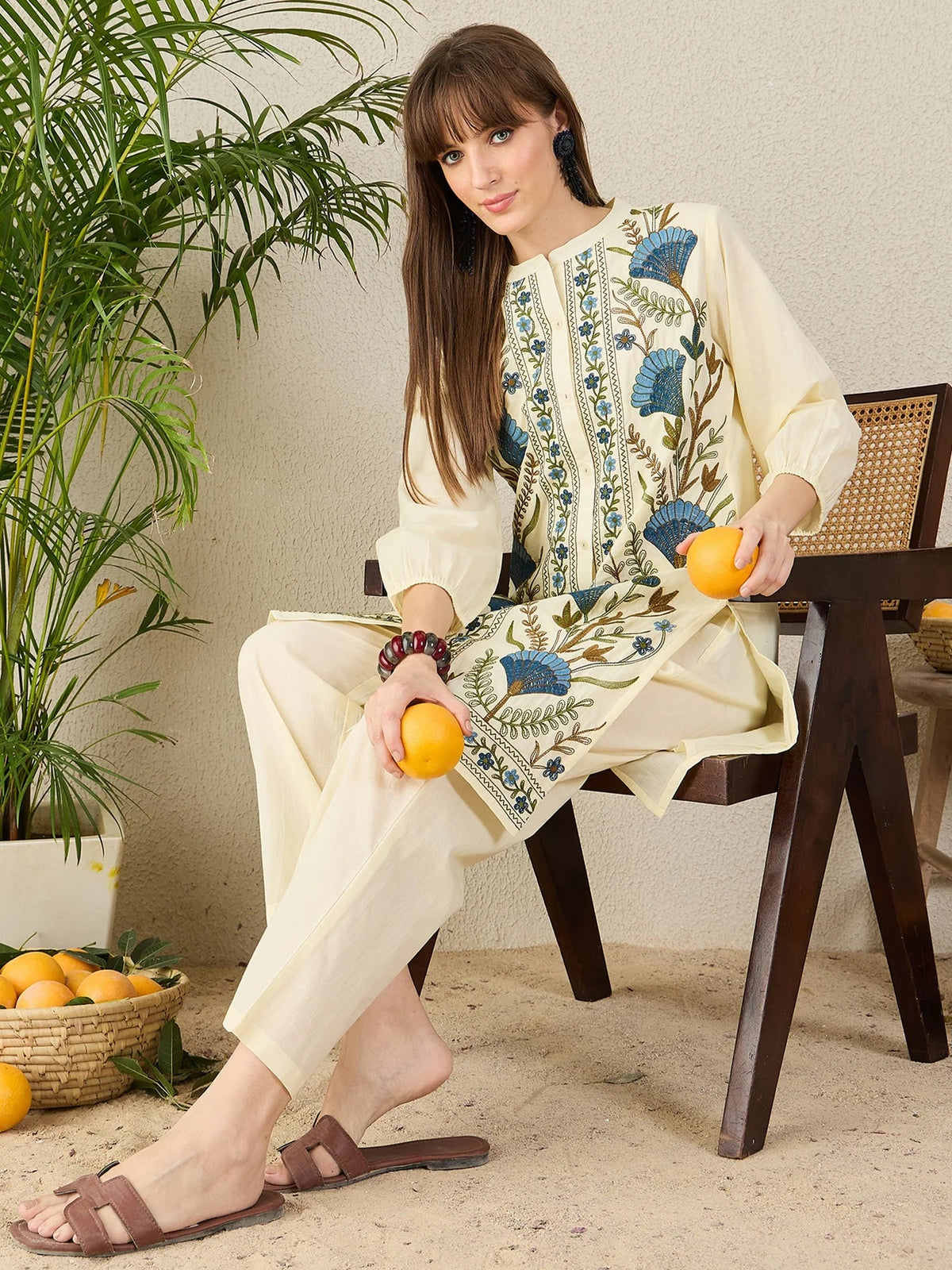 Off White Embroidered Pure Cotton Straight Kurta Palazzo Set
