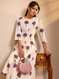Off White Floral Printed Cotton Blend A-Line Kurta