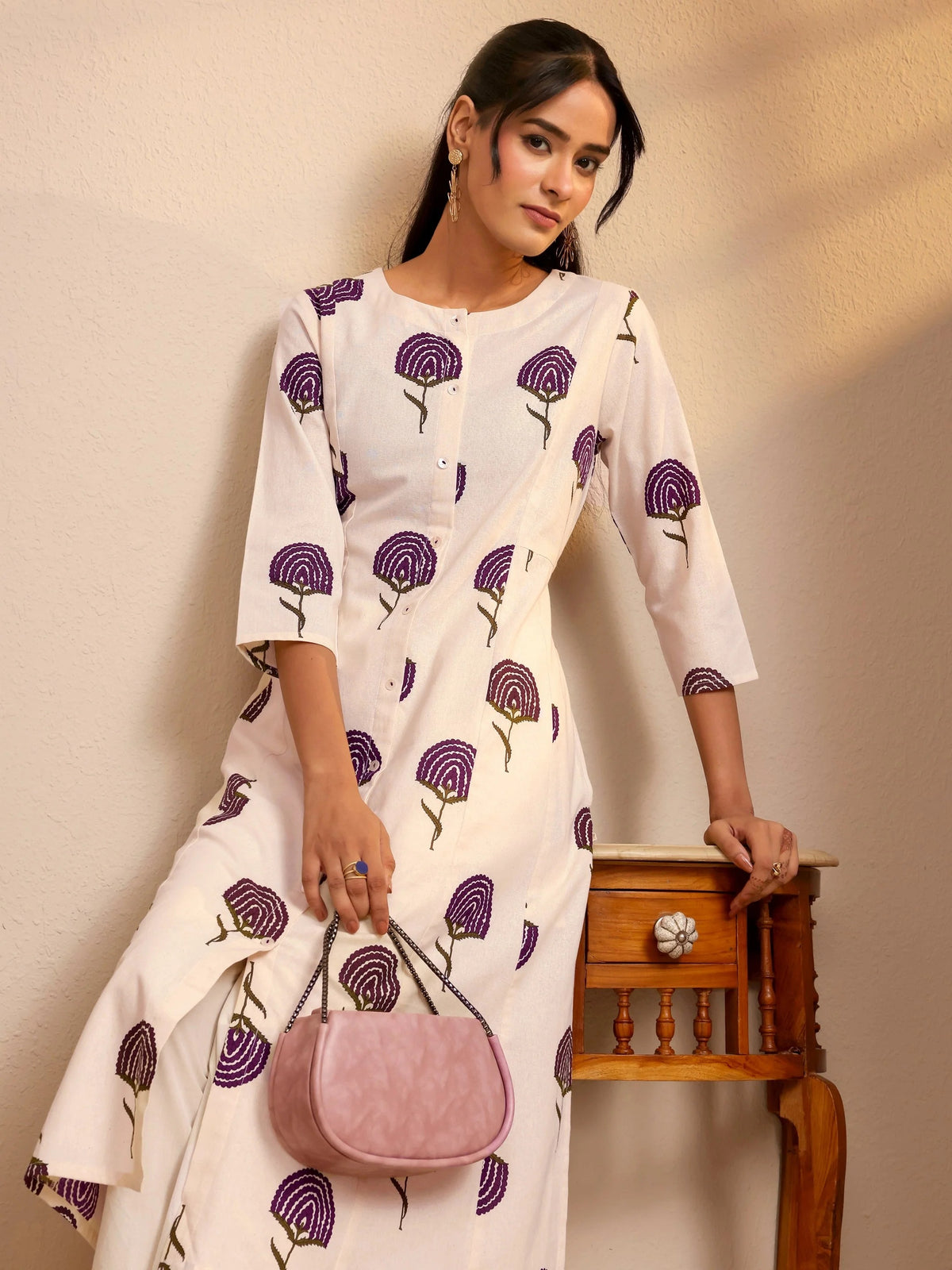 Off White Floral Printed Cotton Blend A-Line Kurta