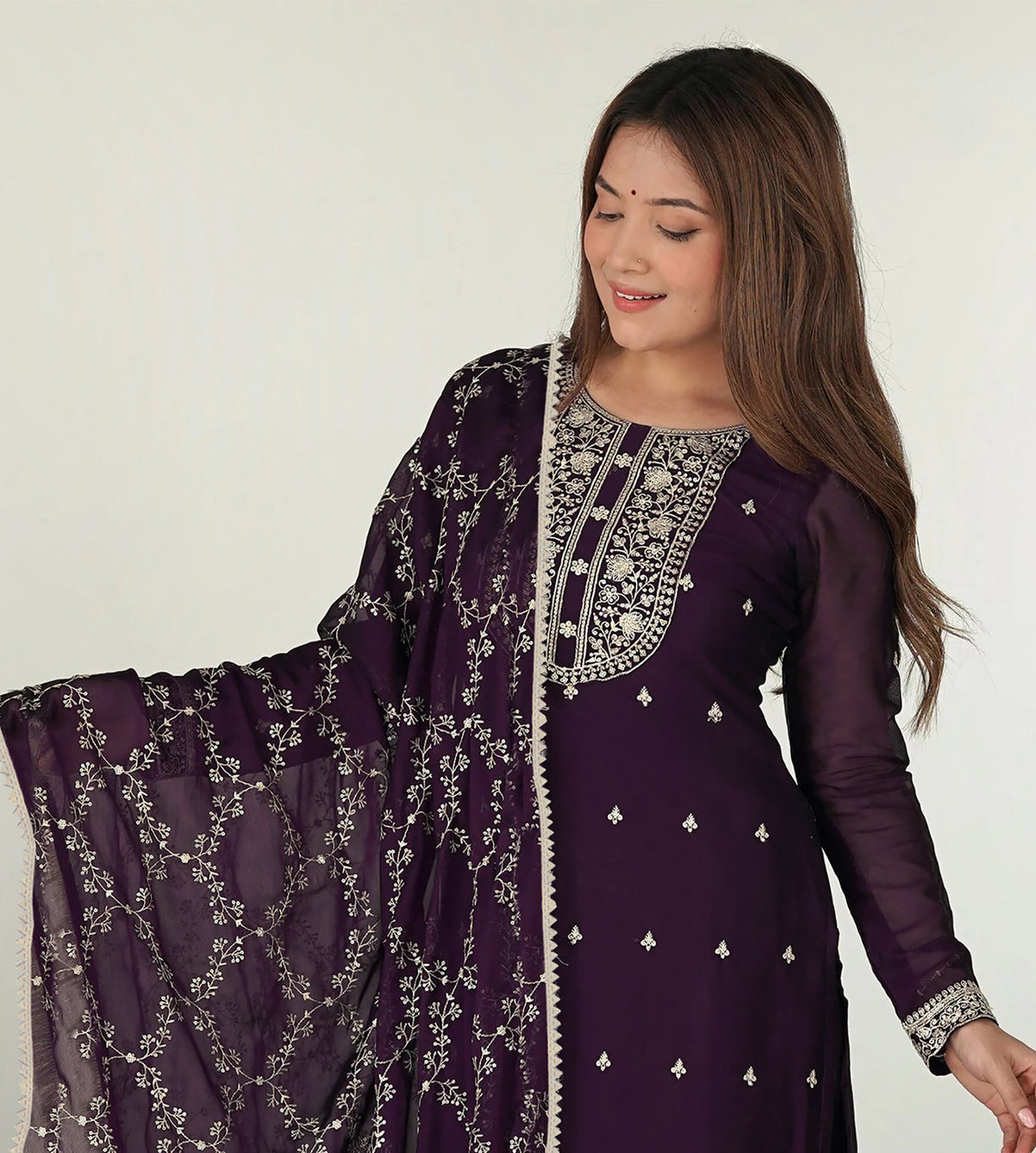 Zilmil Purple Georgette Embroidered Kurta Pant Dupatta Set for Women