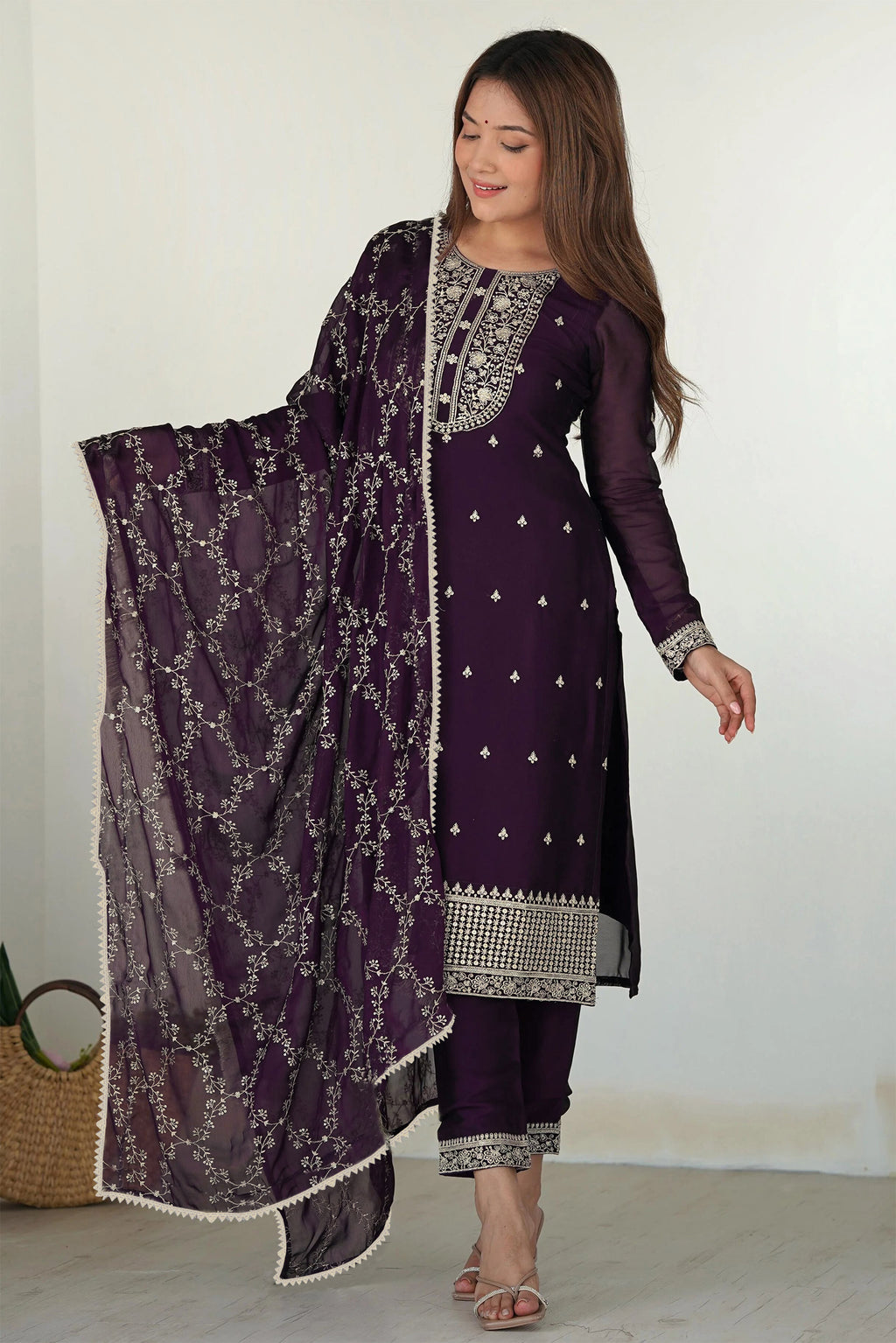 Zilmil Purple Georgette Embroidered Kurta Pant Dupatta Set for Women