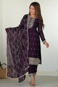 Zilmil Purple Georgette Embroidered Kurta Pant Dupatta Set for Women