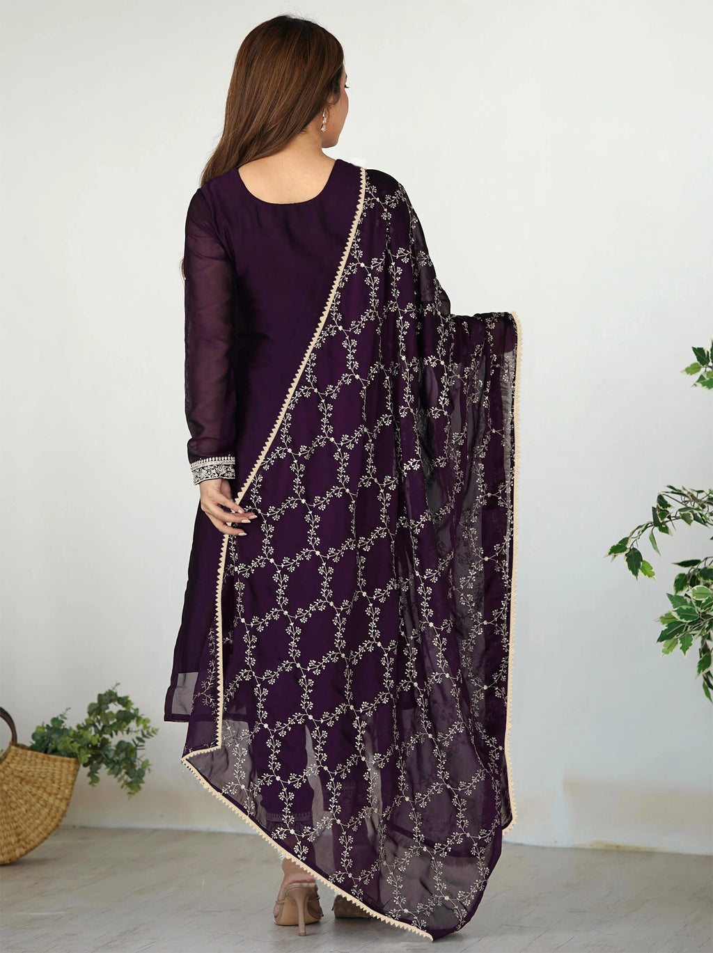 Zilmil Purple Georgette Embroidered Kurta Pant Dupatta Set for Women