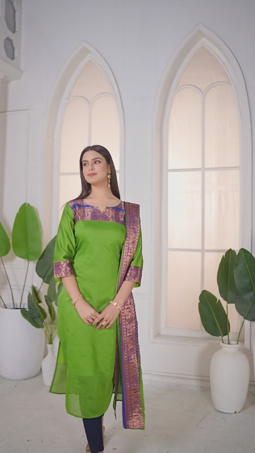 Meera Elegant Kanchi Cotton V-Neck Olive Green Kurti With Dupatta
