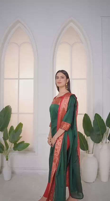 Meera Elegant Kanchi Cotton V-Neck Green Kurti With Dupatta