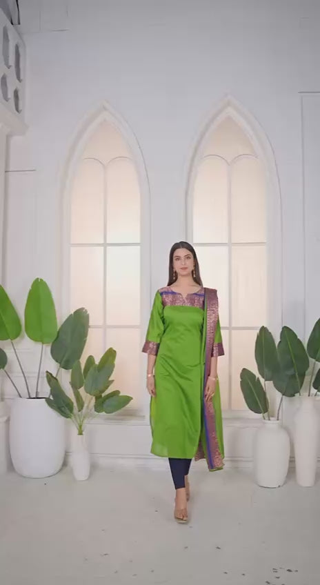 Meera Elegant Kanchi Cotton V-Neck Olive Green Kurti With Dupatta