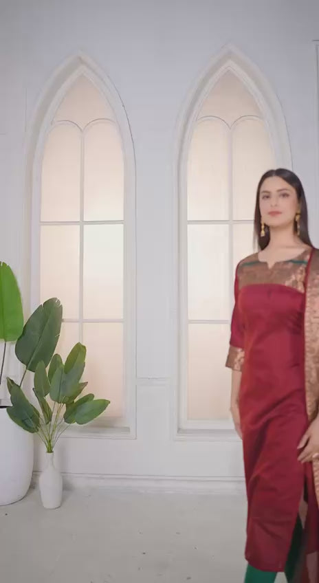 Meera Elegant Kanchi Cotton V-Neck Maroon Kurti With Dupatta