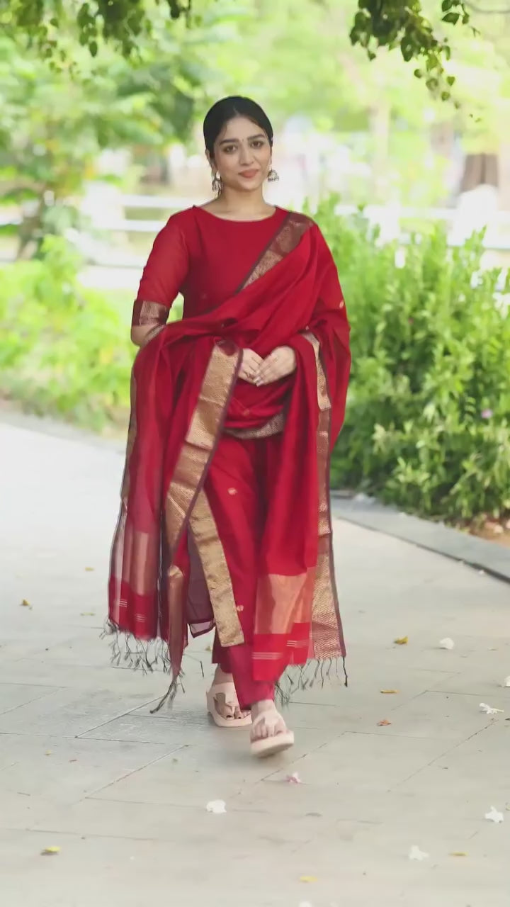 Nayantara Elegant Straight Kanchi Cotton Red Kurti With Dupatta