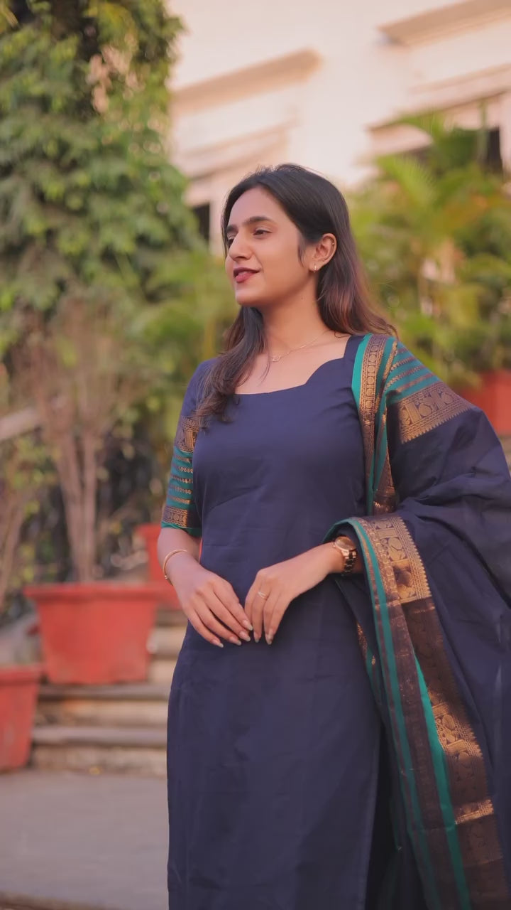 Stylish Kanchi Cotton V-Neck Kurti With Dupatta