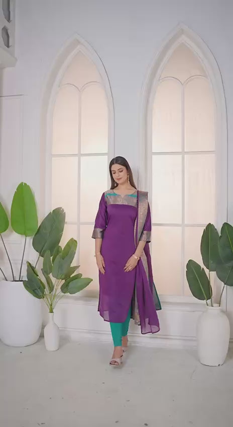 Meera Elegant Kanchi Cotton V-Neck Purple Kurti With Dupatta