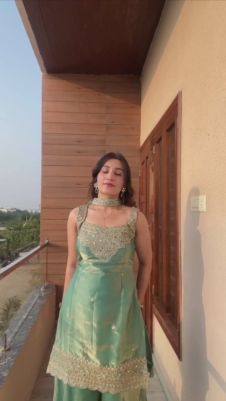 Mint Green Fendy Silk Sharara Suit with Sequin Embroidery & Dupatta