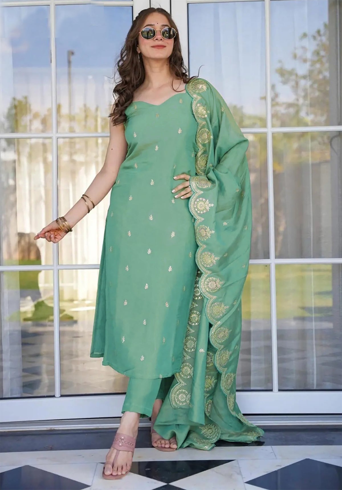 Light Green Embroidered Tesla Kurta Set with Vichitra Dupatta