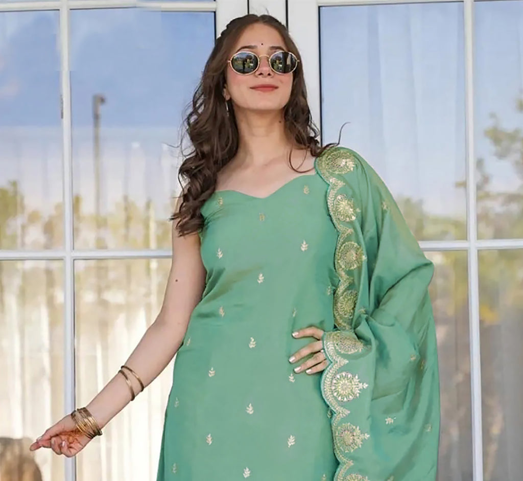 Light Green Embroidered Tesla Kurta Set with Vichitra Dupatta
