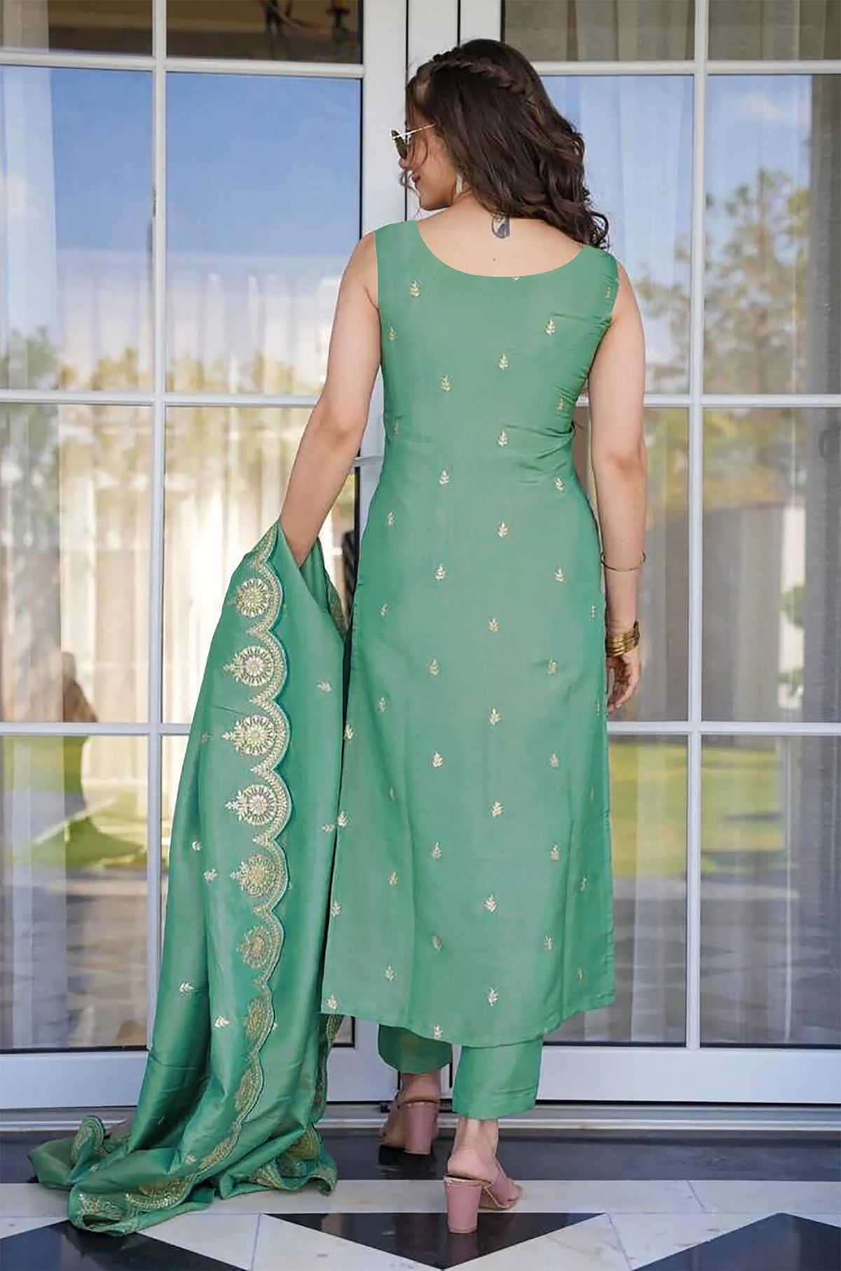 Light Green Embroidered Tesla Kurta Set with Vichitra Dupatta