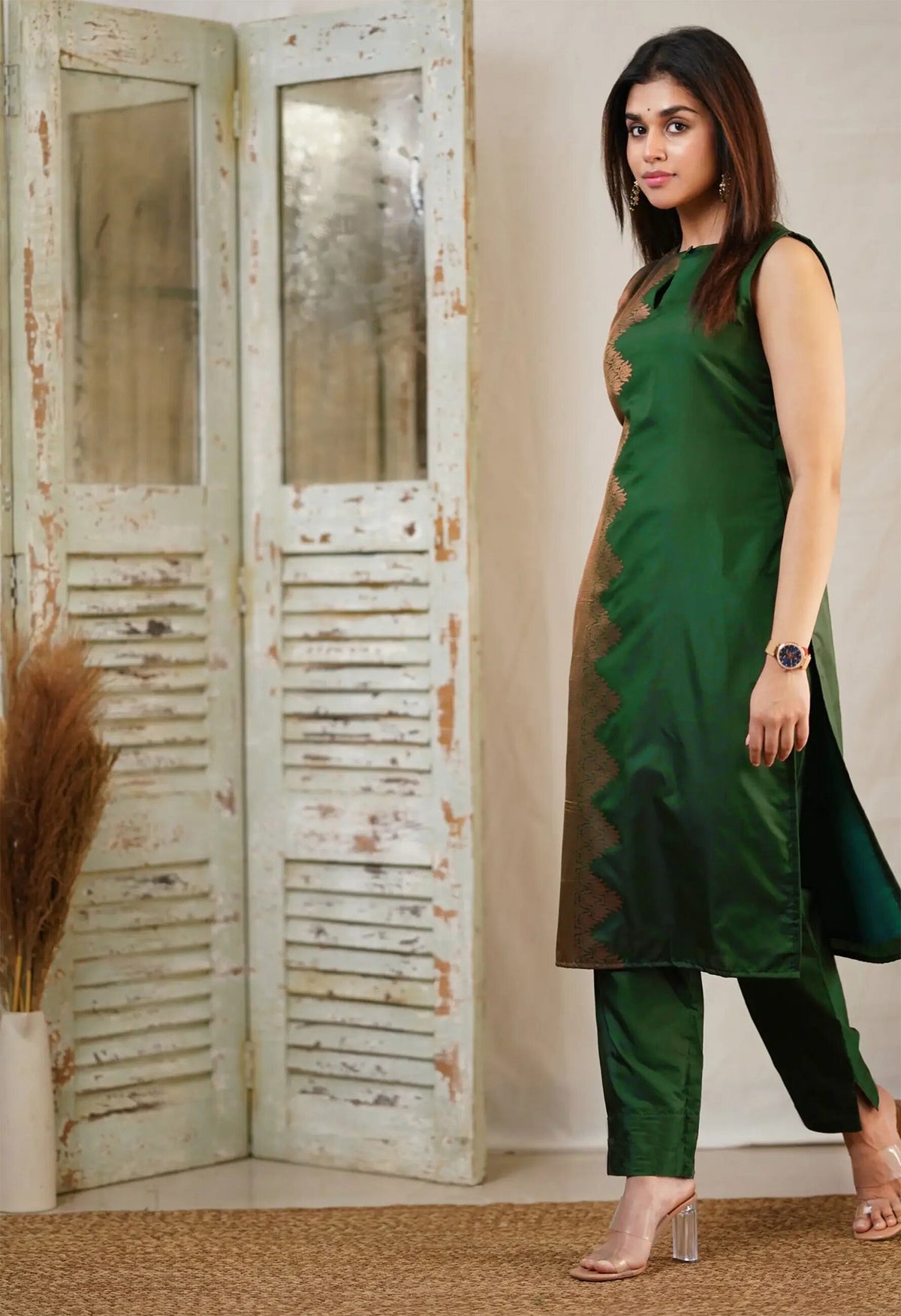 Green Art Silk Kurti Pant Dupatta Set for Women with Elegant Design
