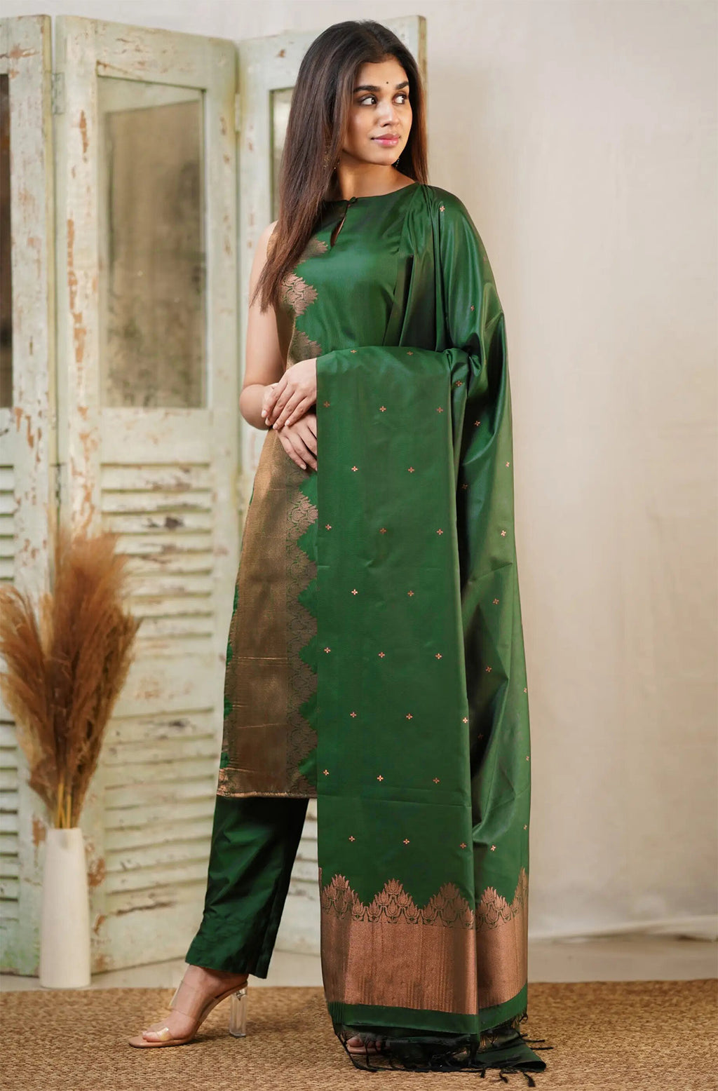 Green Art Silk Kurti Pant Dupatta Set for Women with Elegant Design