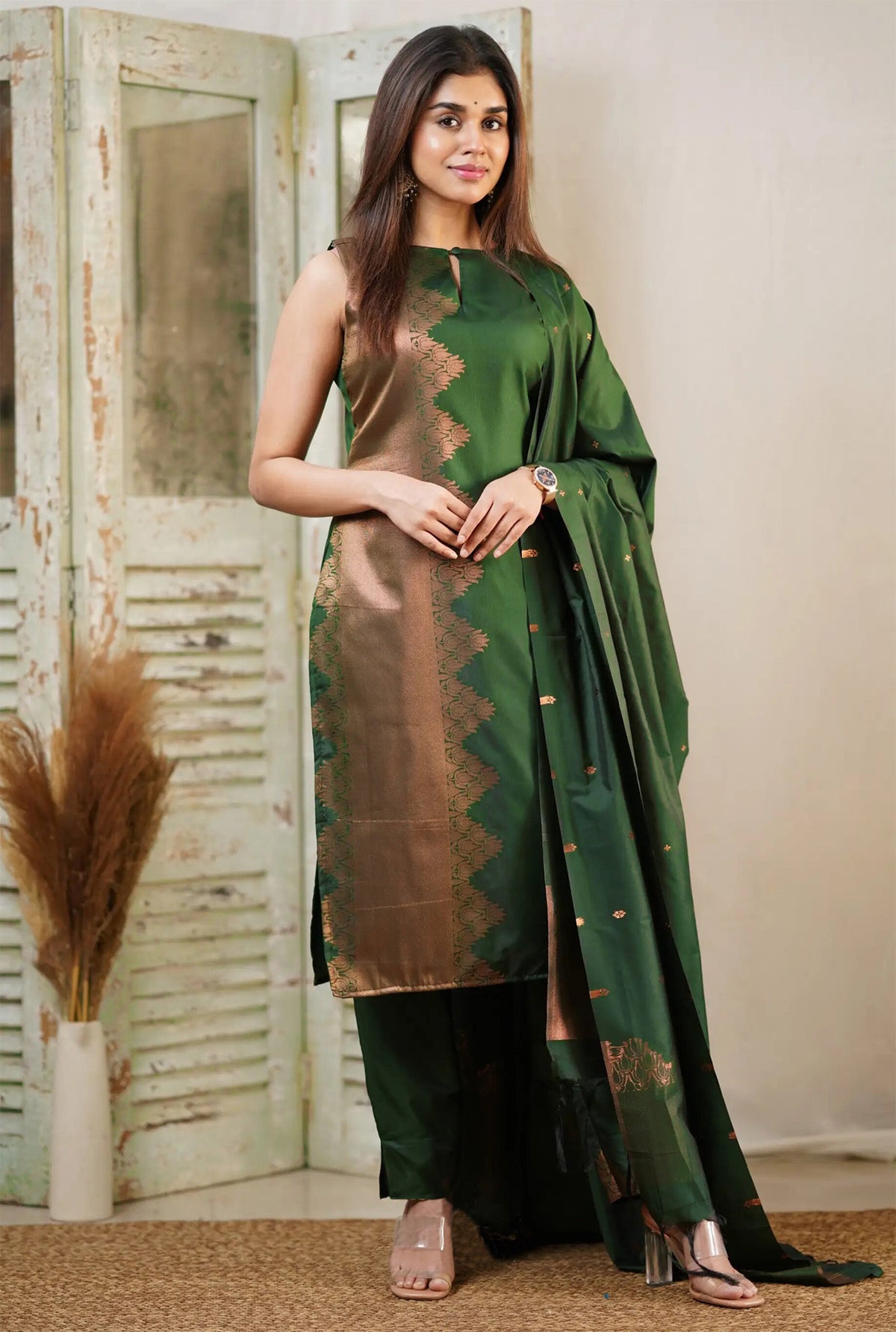 Green Art Silk Kurti Pant Dupatta Set for Women with Elegant Design