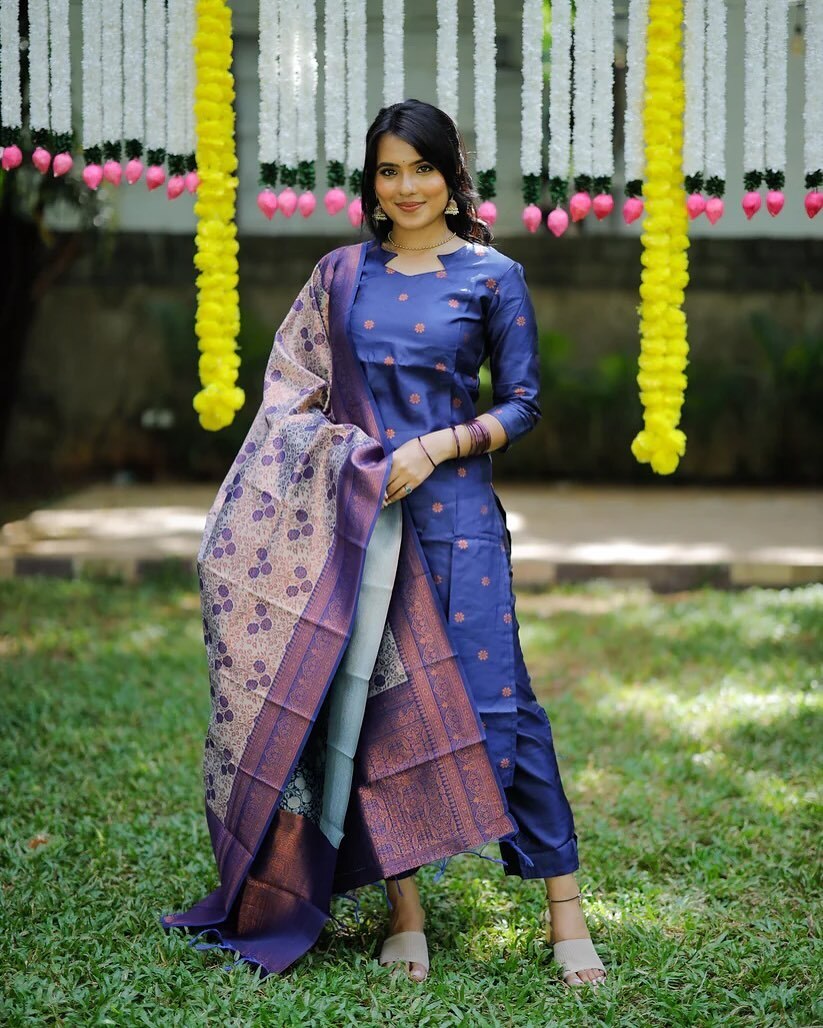 Dark Blue Jacquard Silk Woven Kurta Set with Matching Dupatta