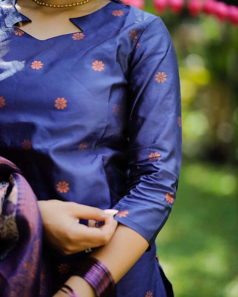 Dark Blue Jacquard Silk Woven Kurta Set with Matching Dupatta