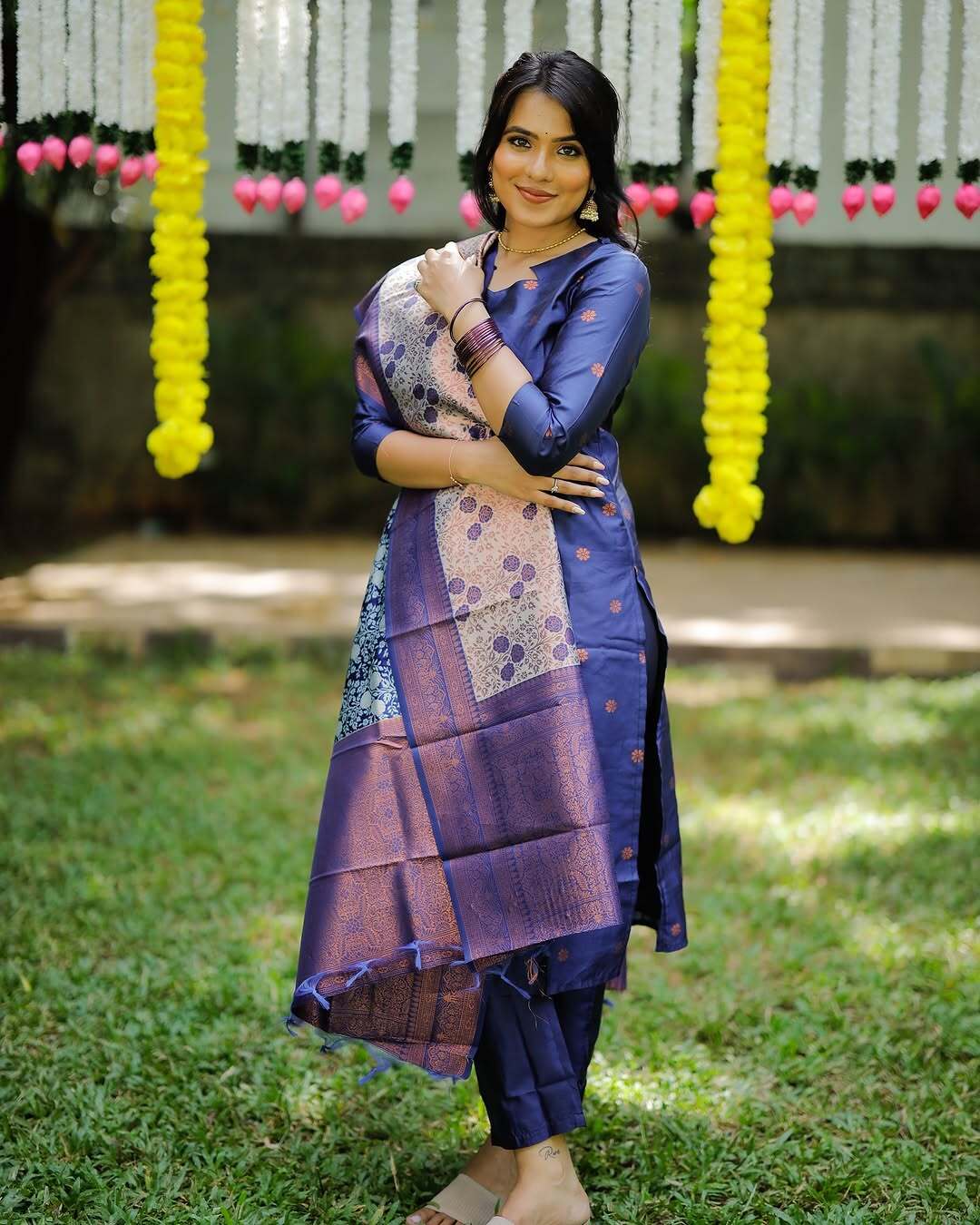 Dark Blue Jacquard Silk Woven Kurta Set with Matching Dupatta