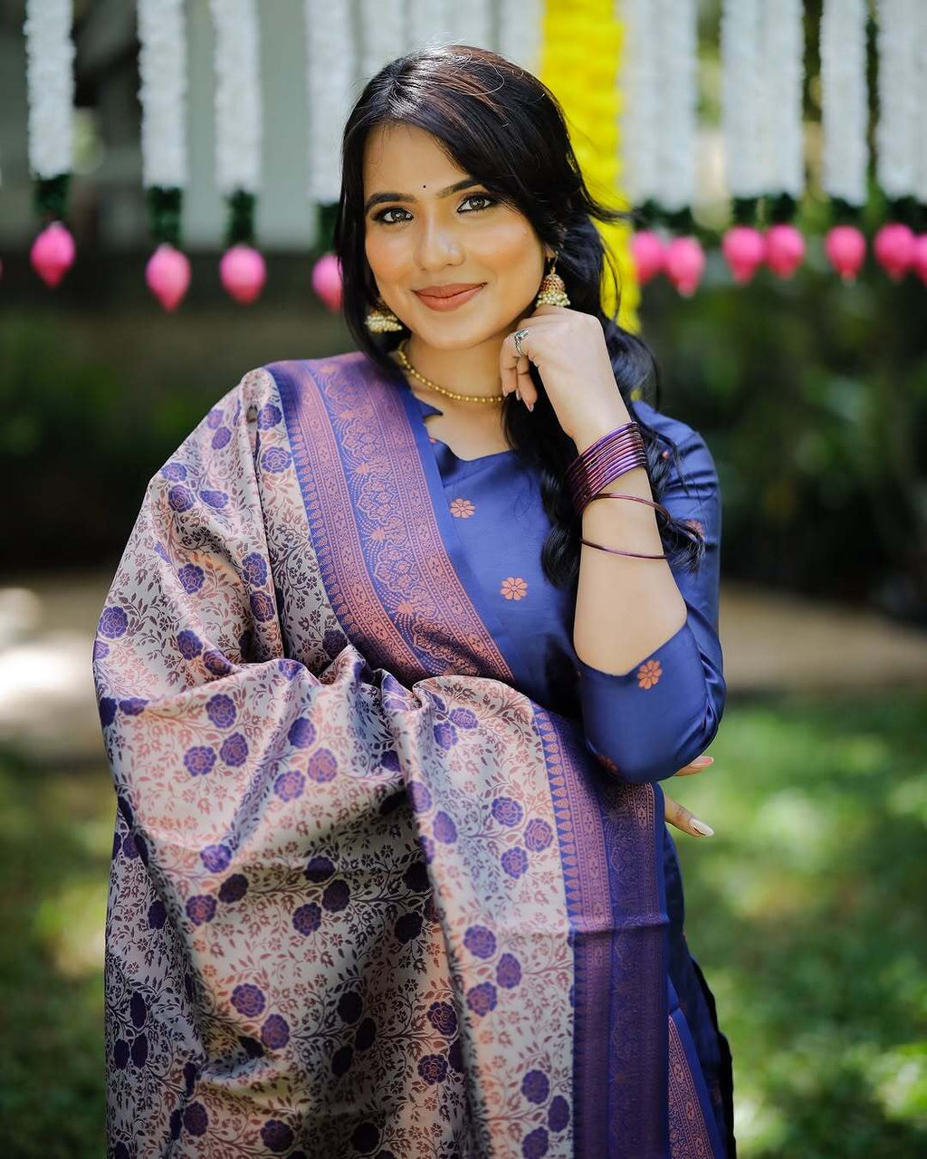 Dark Blue Jacquard Silk Woven Kurta Set with Matching Dupatta